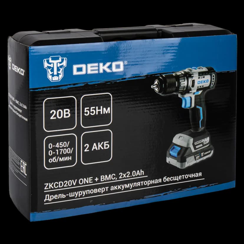 Дрель-шуруповерт аккумуляторная бесщёточная Deko ZKCD20V, 20 В Li-ion 2x2 Ач 8