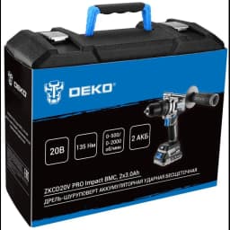 Дрель-шуруповерт аккумуляторная ударная бесщеточная Deko ZKCD20VPRO, 20 В Li-ion 2x3 Ач 6